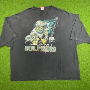 Vintage 90s Y2K NFL Miami Dolphins Faded Black Distressed Graphic T Shirt Sz 3XL